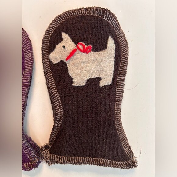 Handmade Recycled Wool Infant Mittens in Brown & Purple with Flower & Dog - Picture 4 of 7